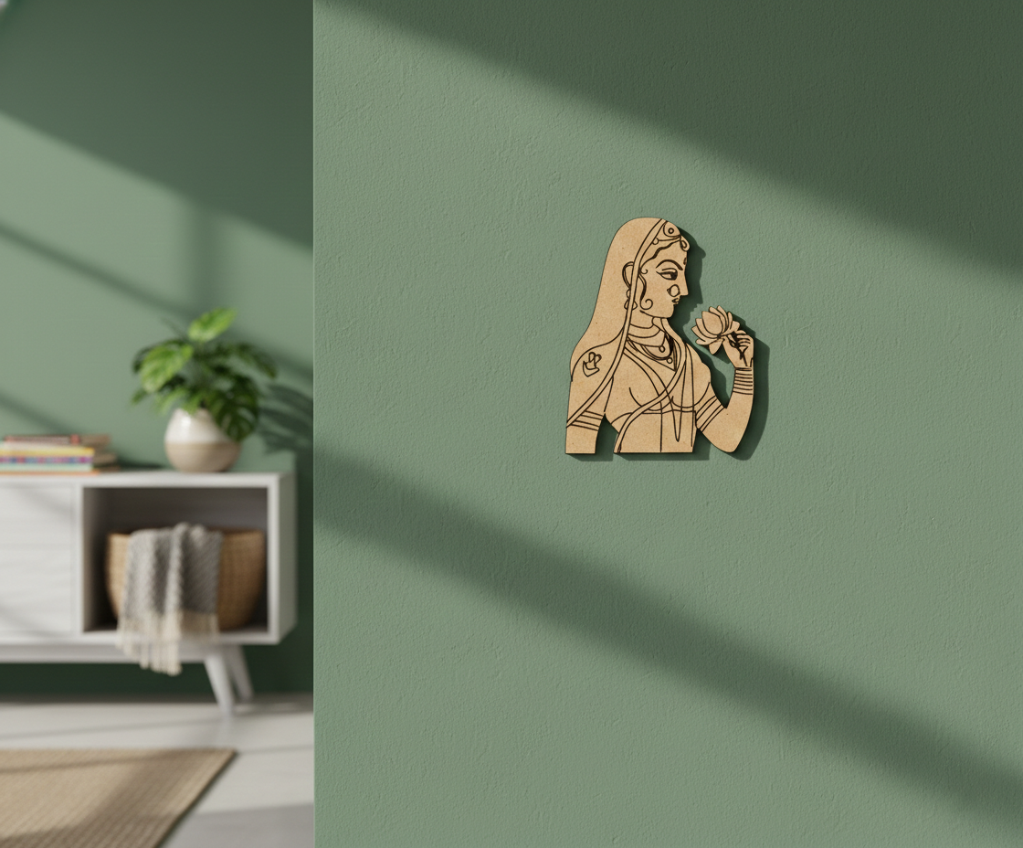 Decorative MDF DIY wall art of a woman holding a flower on a green wall.