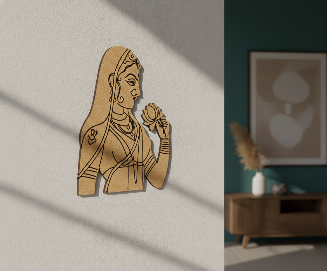 Wooden MDF DIY wall art of a woman holding a flower in a room with a painting on the wall.