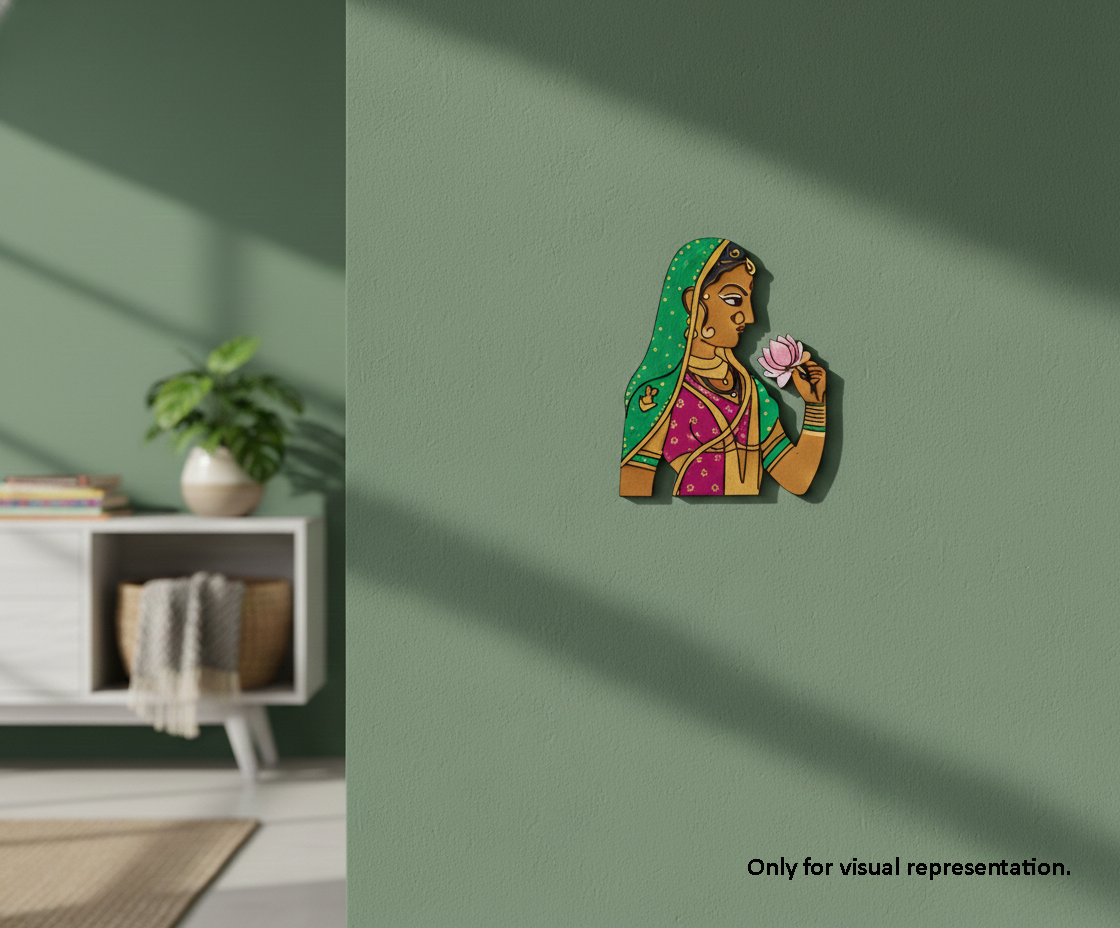 Decorative MDF DIY wall art of a woman in traditional attire on a green wall.