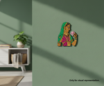 Decorative MDF DIY wall art of a woman in traditional attire on a green wall.