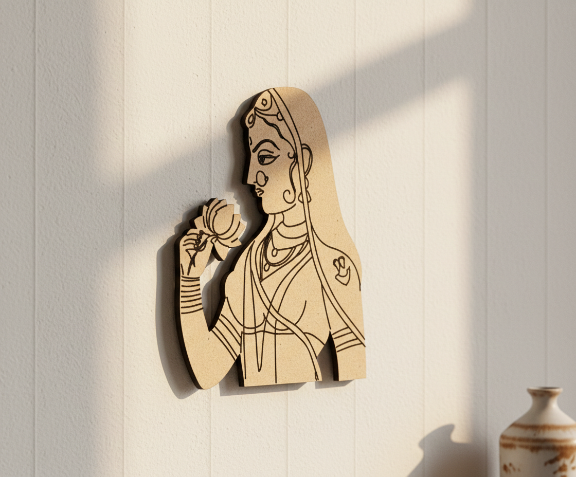MDF DIY wall art of a woman holding a flower on a light wooden background