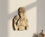 MDF DIY wall art of a woman holding a flower on a light wooden background