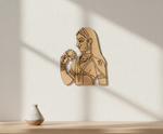 MDF DIY wall art of a woman holding a lotus on a white wall