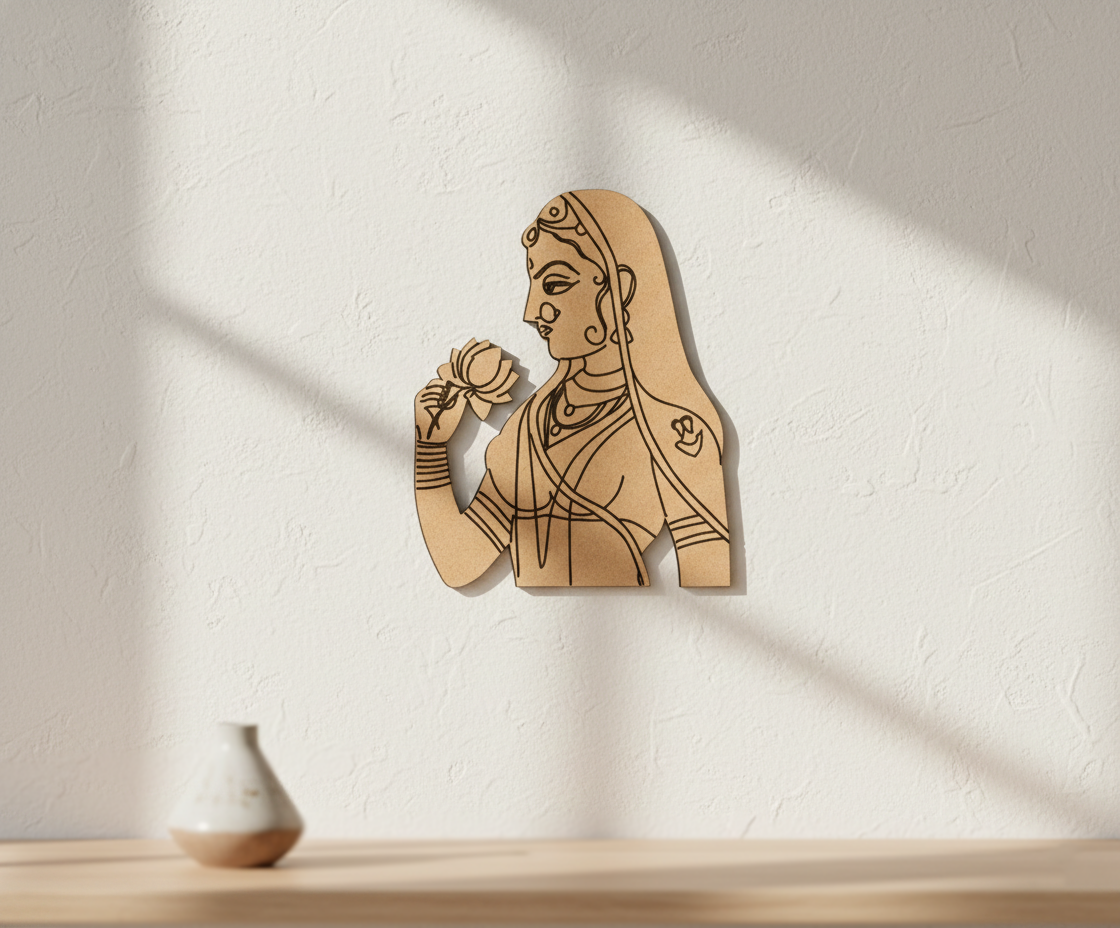 MDF DIY wall art of a woman holding a lotus on a white wall