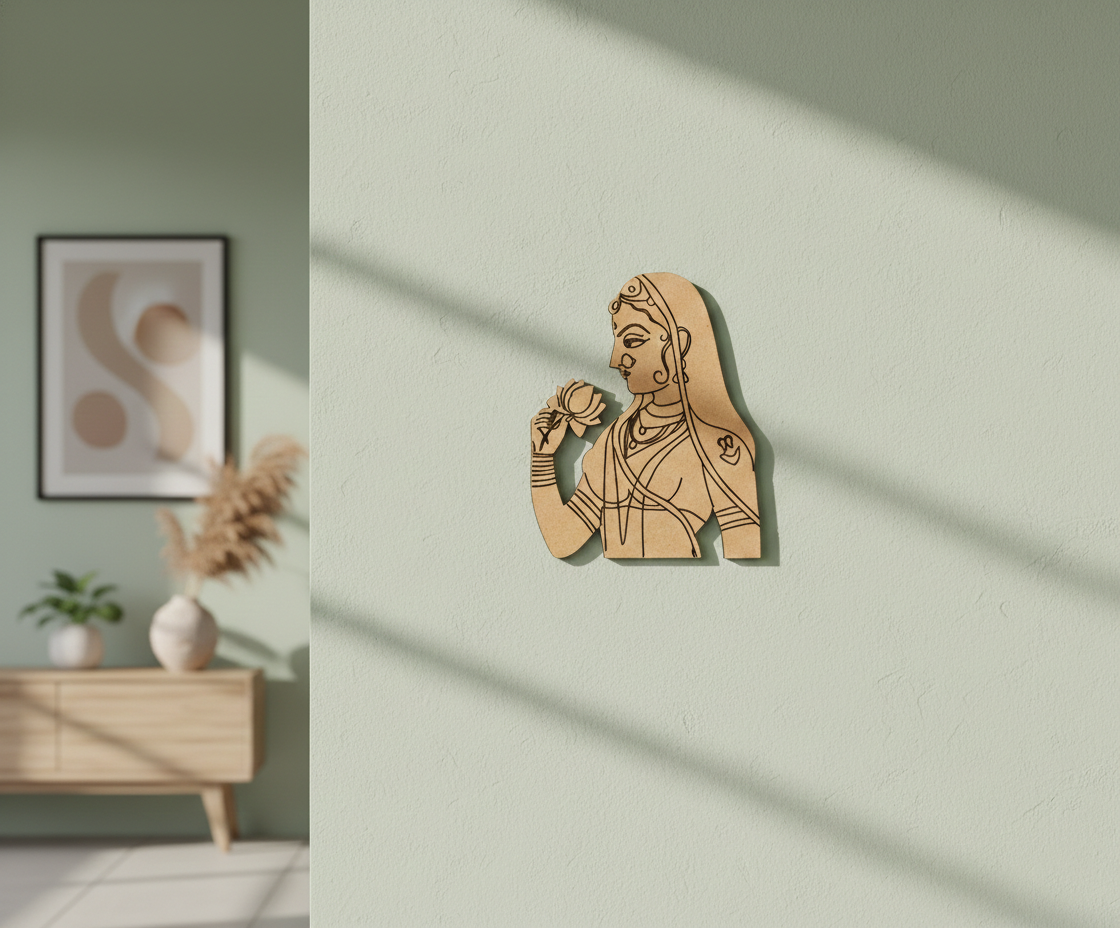 MDF DIY wall art of a woman holding a flower on a light green wall.