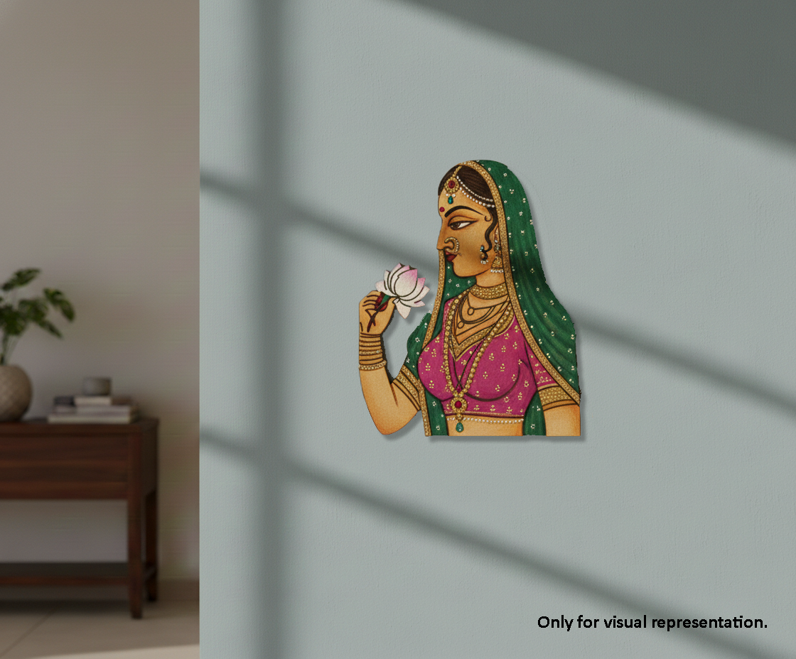 MDF Decorative wall decor of a woman holding a flower on a light gray wall.