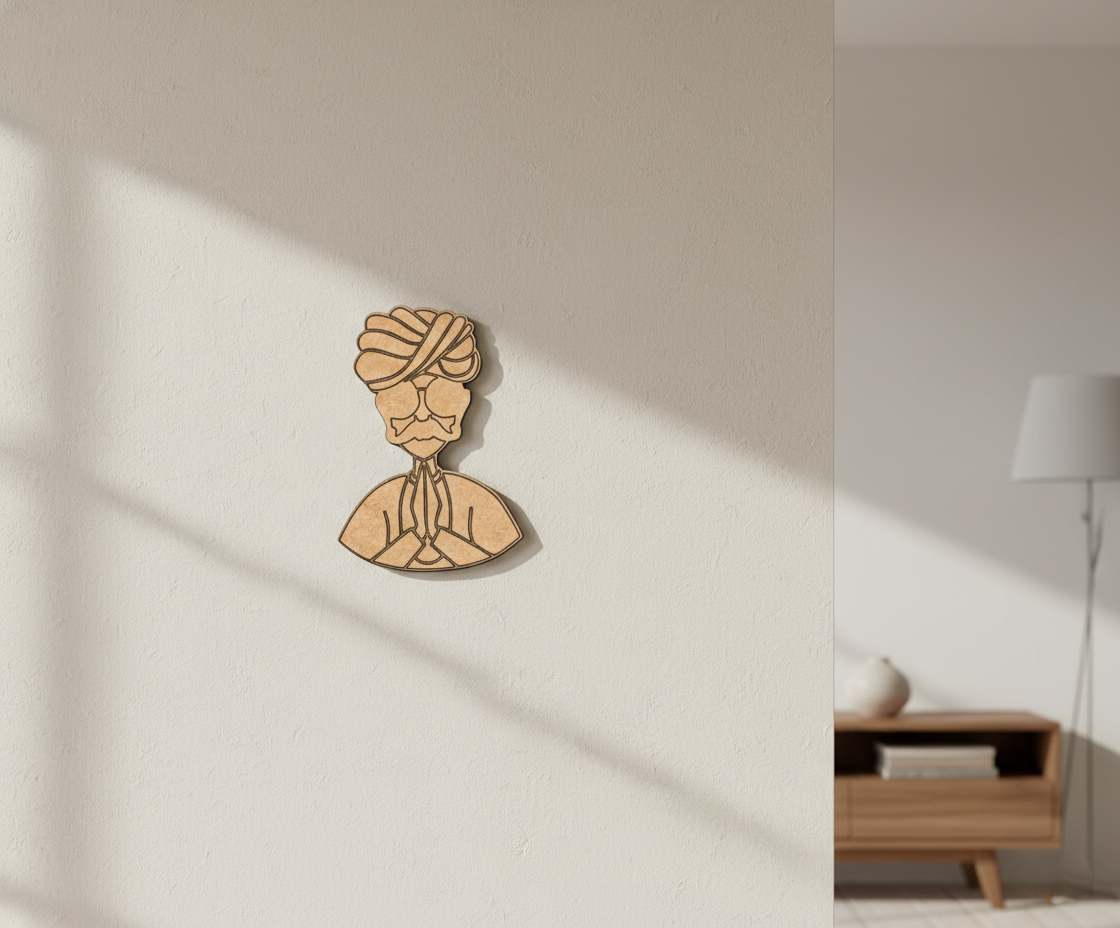 MDF DIY wall decoration of a man with a turban on a plain wall.