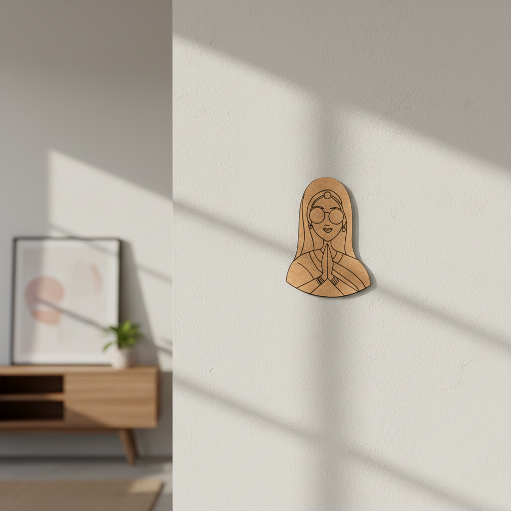 MDF DIY  wall art of a woman's face on a white wall with a modern interior setting.