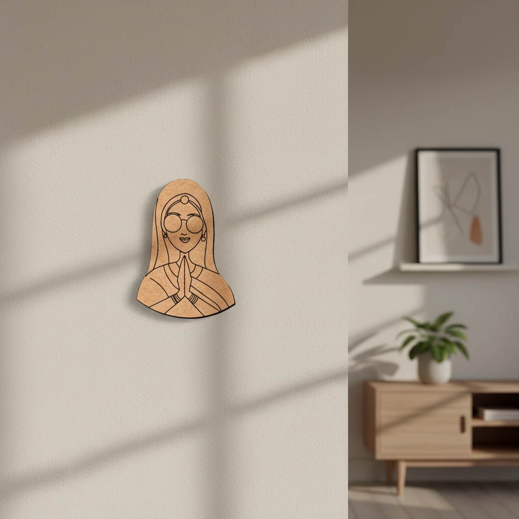 MDF DIY wall art of a face with hands pressed together on a beige wall.
