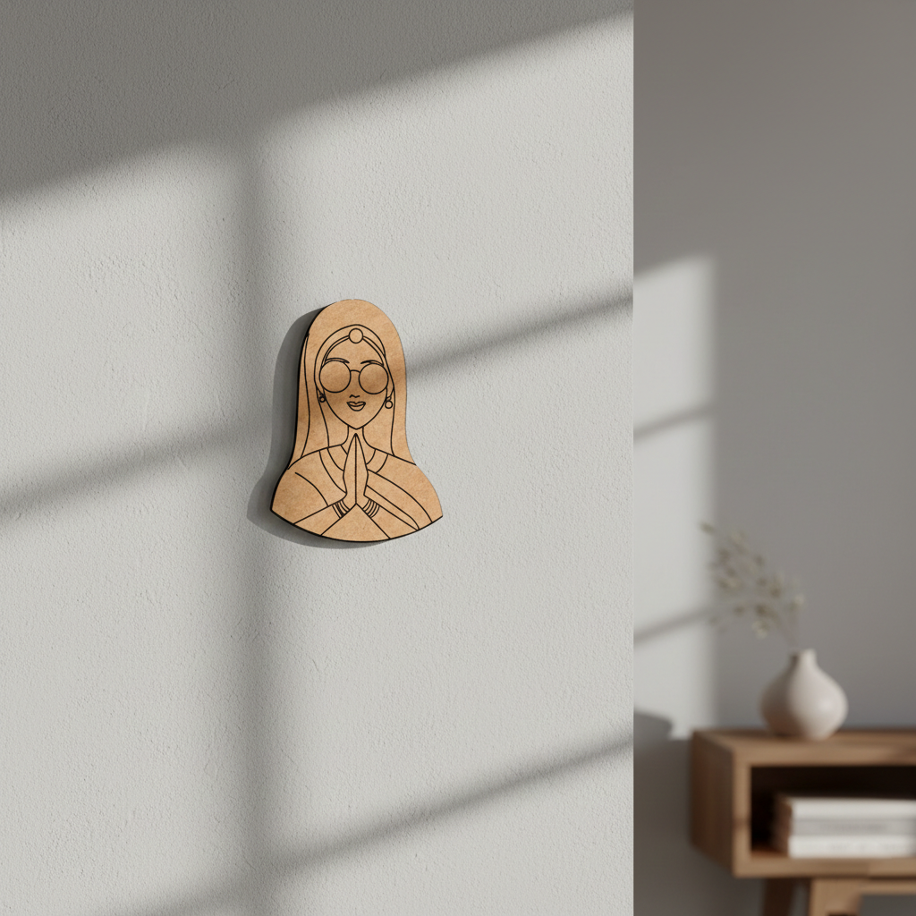 MDF DIY  wall decoration of a face on a light gray wall with a vase in the corner.