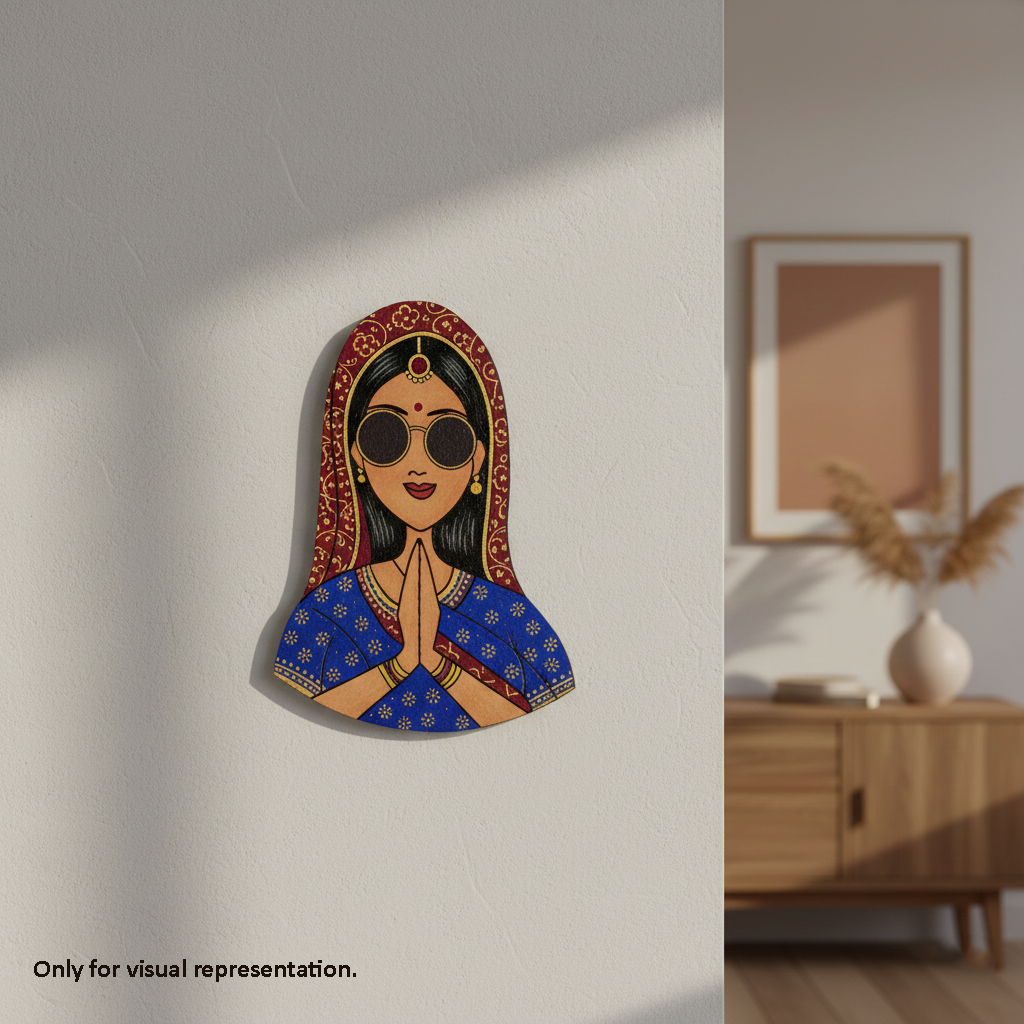 Decorative MDF DIY wall art of a woman's face with traditional attire on a plain wall.