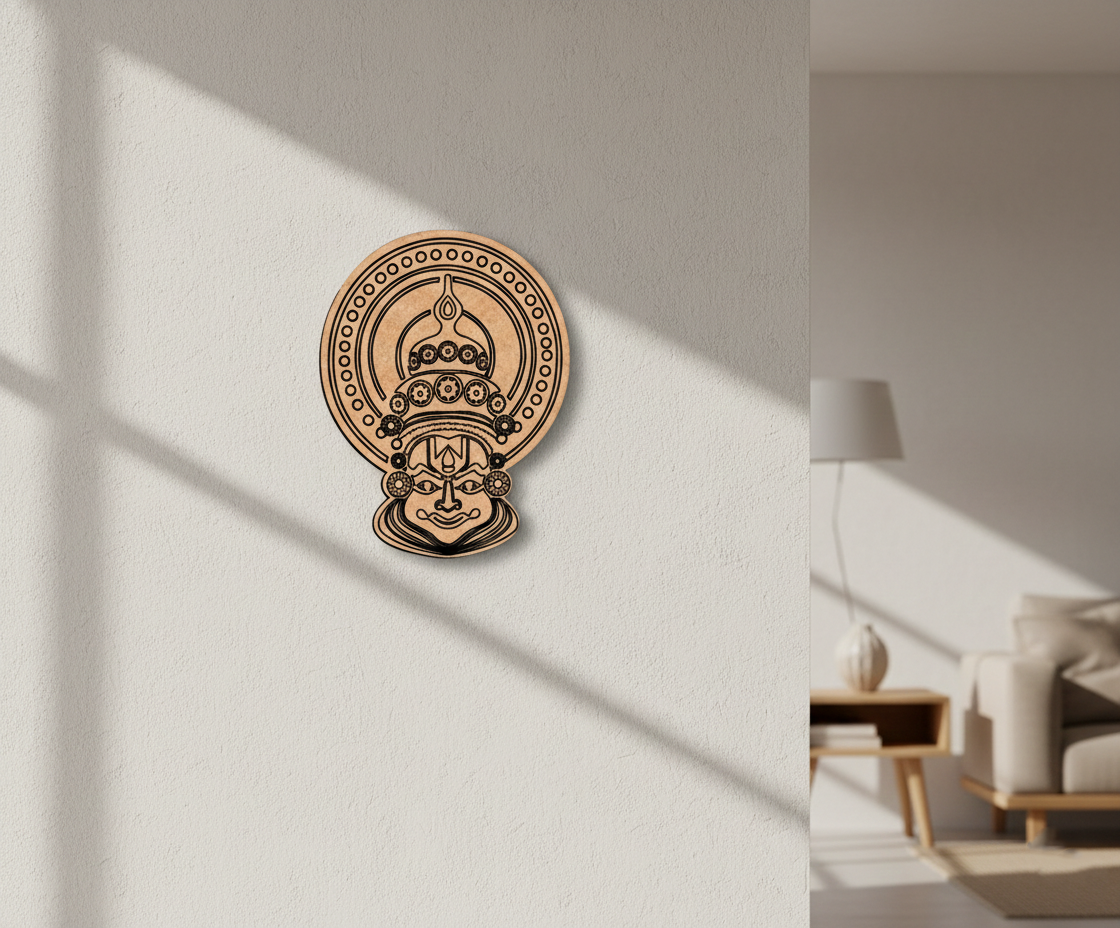 Decorative MDF DIY wall art on a white wall with a living room in the background
