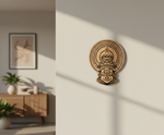 Decorative MDF DIY wall art on a light beige wall with a wooden sideboard and plant in the background
