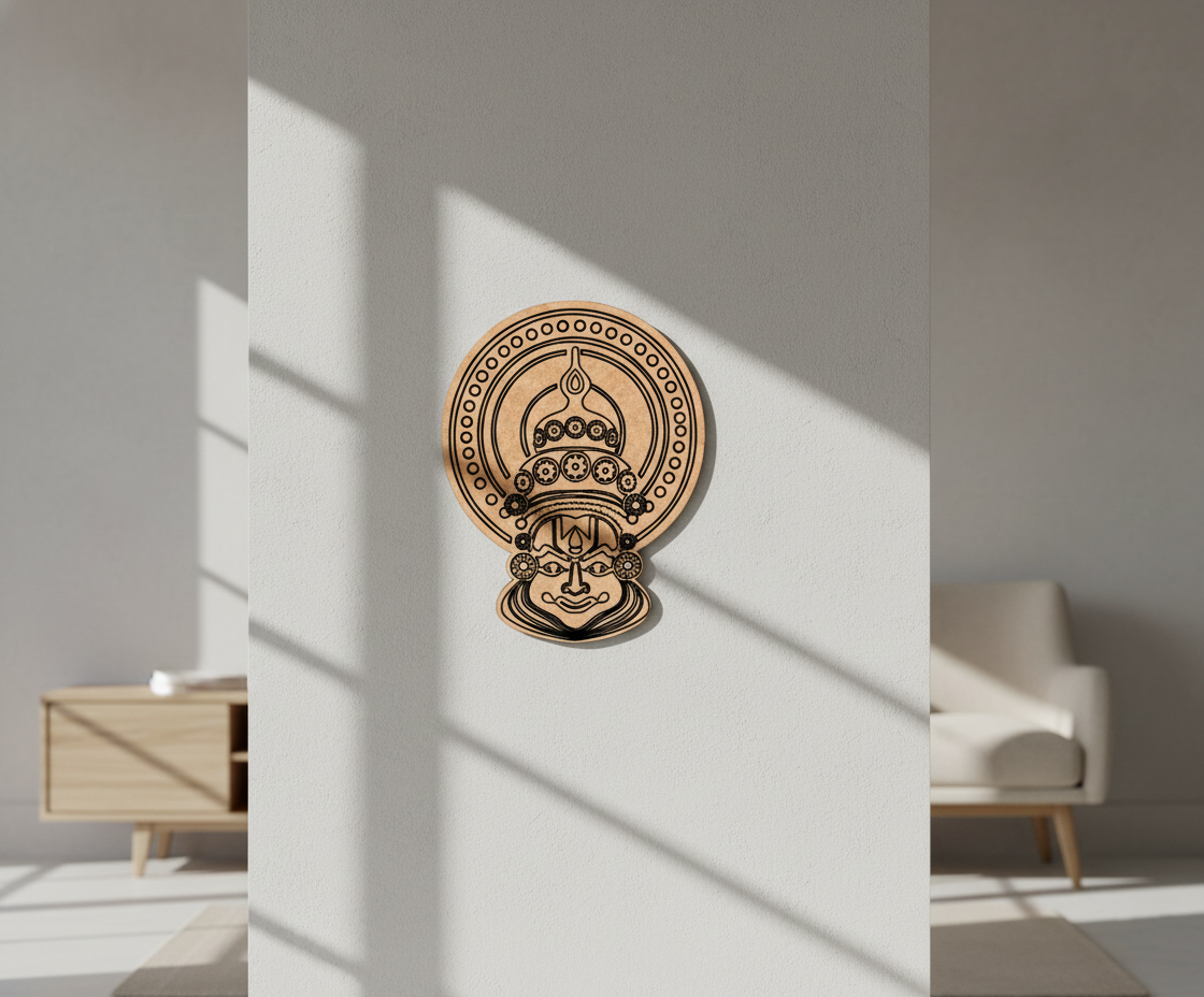 Decorative MDF DIY wall art of a face design on a plain wall with sunlight casting shadows.