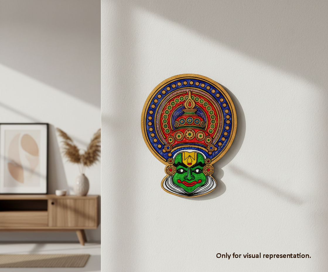 Decorative MDF DIY wall art of a colorful mask on a white wall with a wooden cabinet and abstract painting in the background.