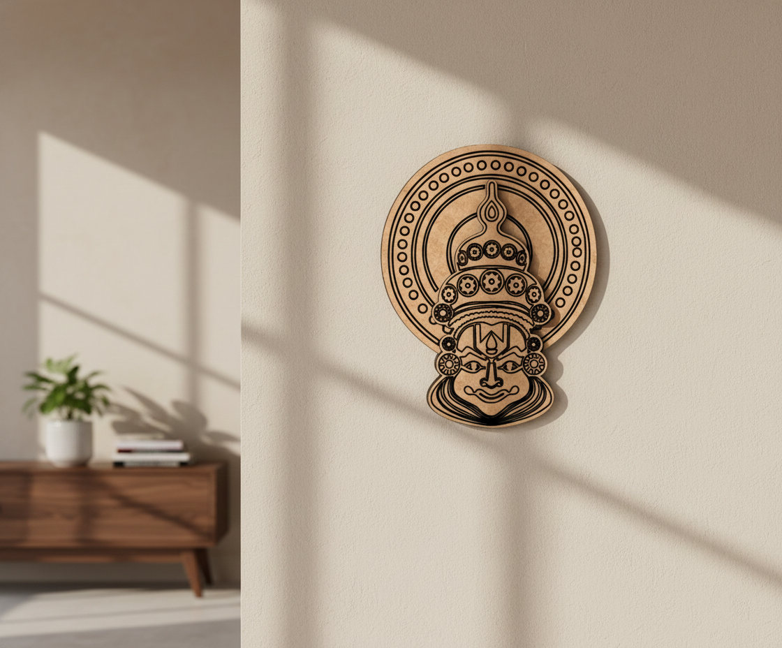 MDF DIY Kathakali Decorative wall art with intricate design on a beige wall