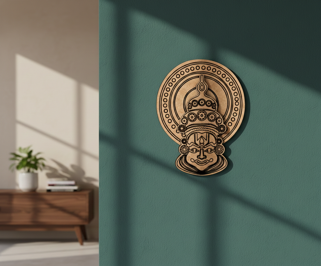 MDF DIY Kathakali Decorative wall art on a green wall with a plant and wooden cabinet in the background