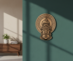 MDF DIY Kathakali Decorative wall art on a green wall with a plant and wooden cabinet in the background