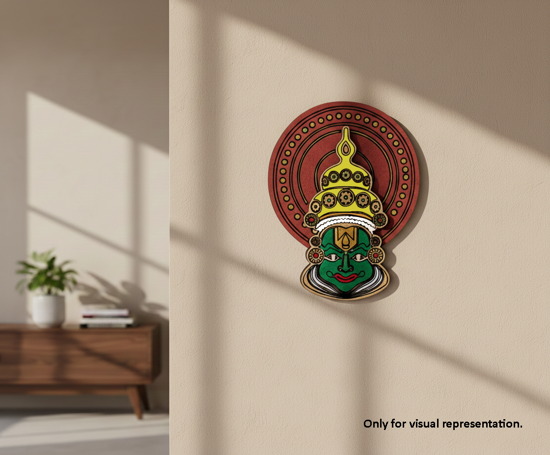 MDF DIY Decorative wall art of a stylized face on a beige wall with a wooden cabinet and plant in the background.