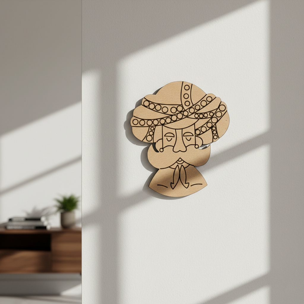MDF DIY wall art of a face with intricate patterns on a white wall.