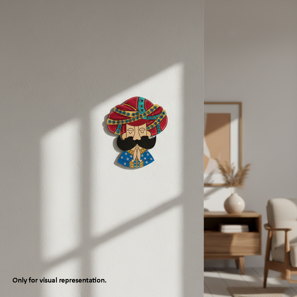 Decorative MDF DIY wall art of a face wearing a colorful turban on a white wall.