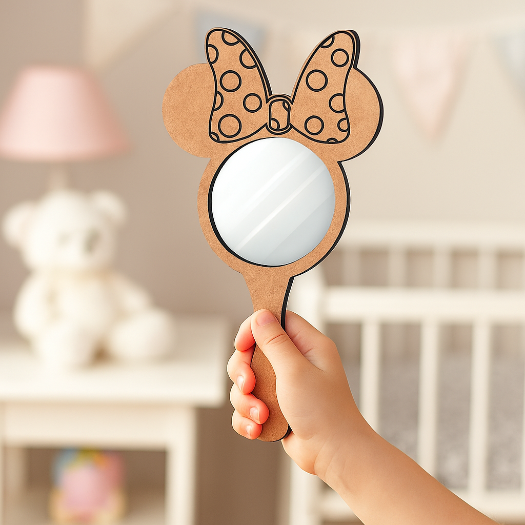 Black-painted Minnie bow mirror with red bow placed upright in a holder.