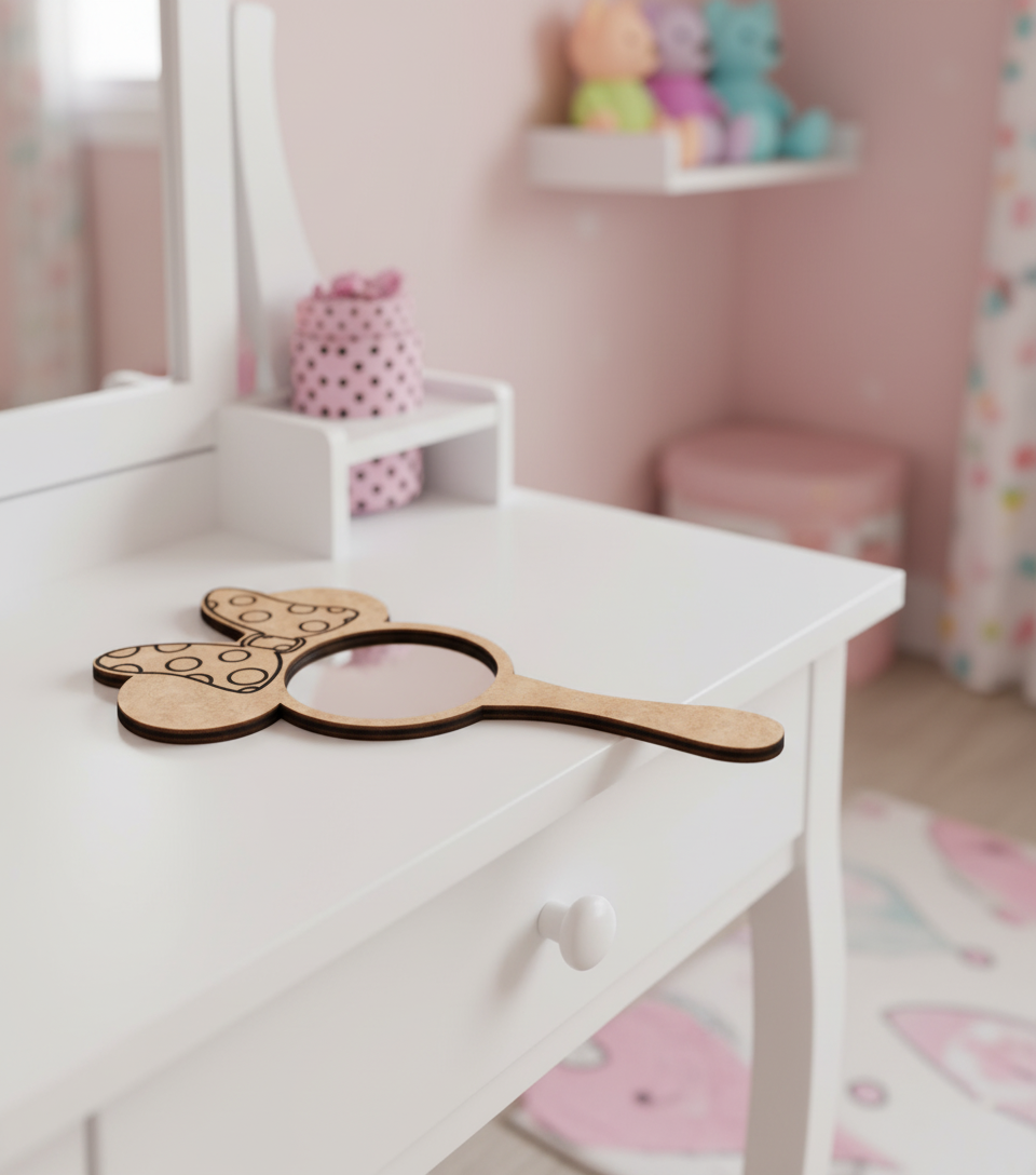 Child holding a Minnie bow-shaped MDF mirror in a nursery.