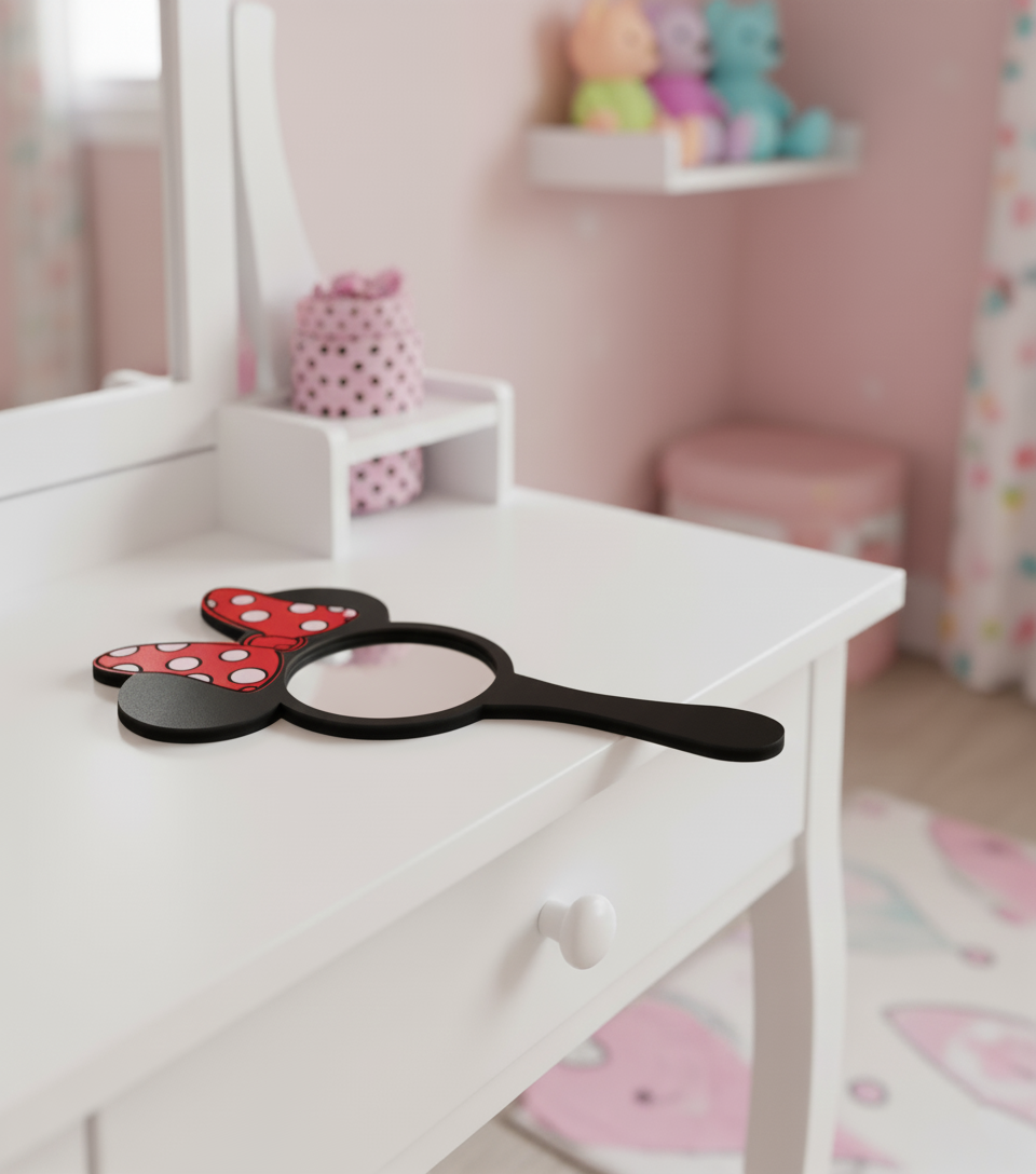 Minnie bow MDF mirror lying flat on a kids’ vanity table.