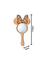Handheld mirror with a bow design and measurements on a white background