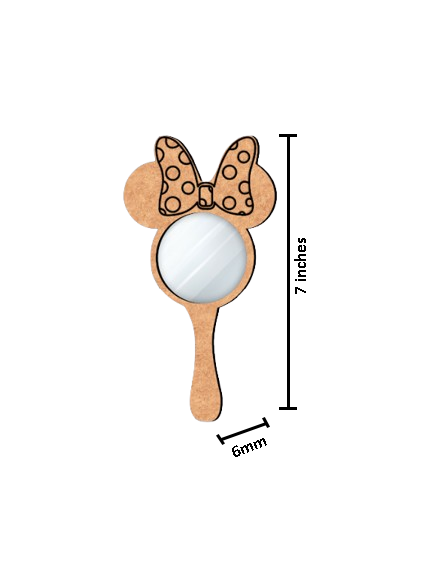 Handheld mirror with a bow design and measurements on a white background