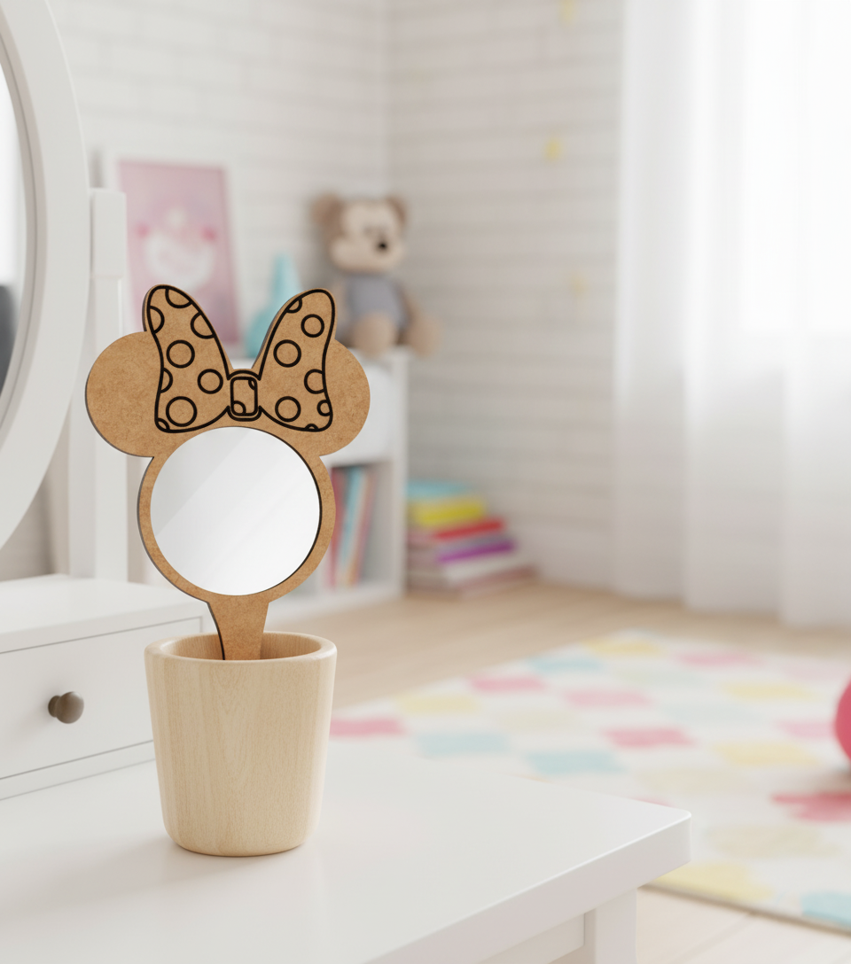 Painted Minnie bow mirror with red bow lying on a white vanity table.