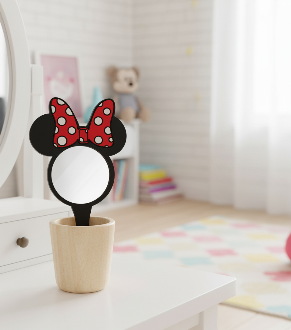 Plain MDF Minnie bow mirror placed upright in a wooden holder on a table.