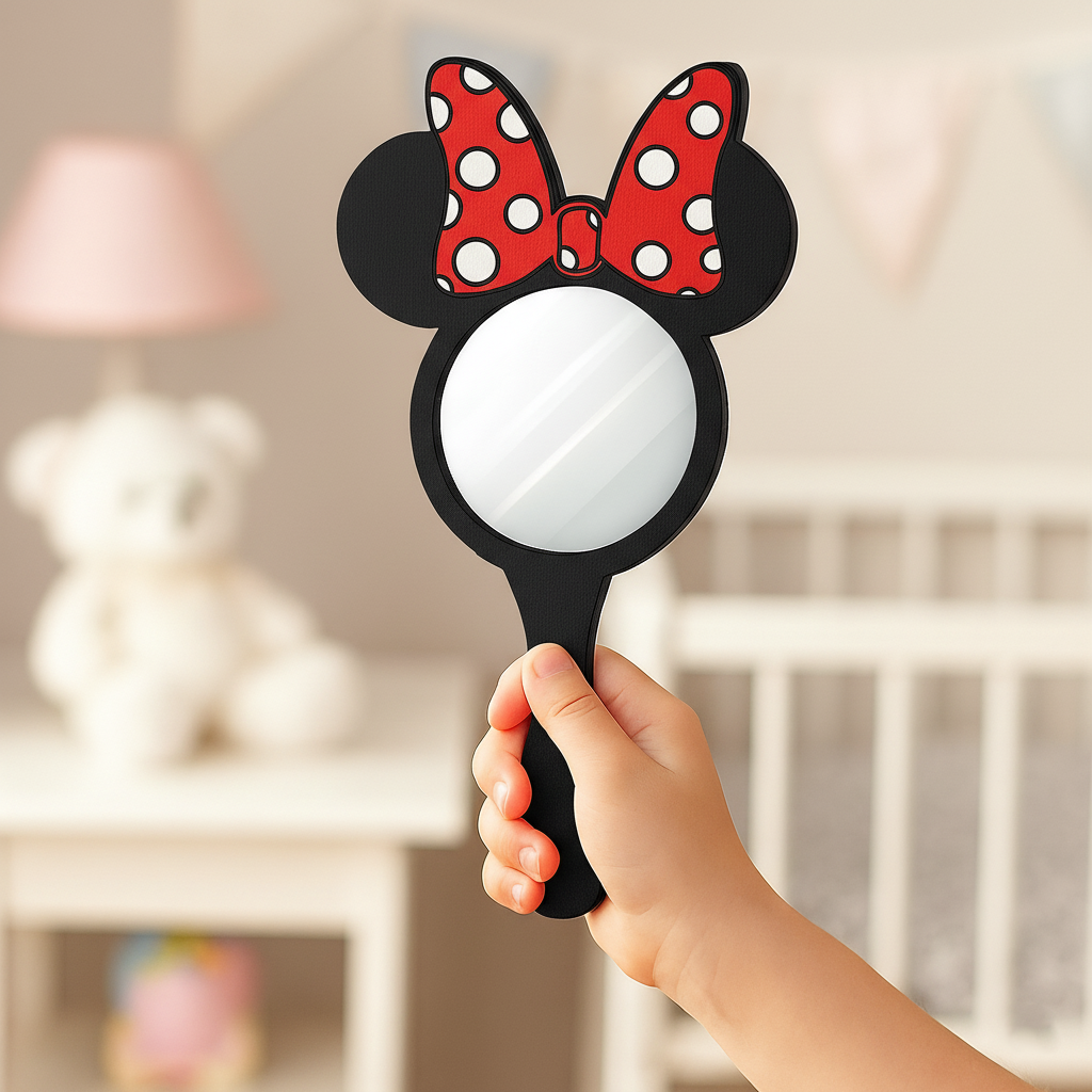 Child holding a black Minnie bow mirror with red bow in a nursery.