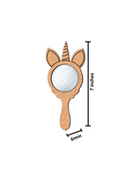 Unicorn-shaped hand mirror with dimensions on a white background