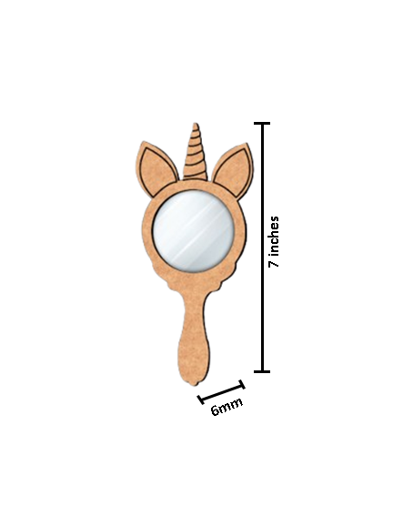 Unicorn-shaped hand mirror with dimensions on a white background