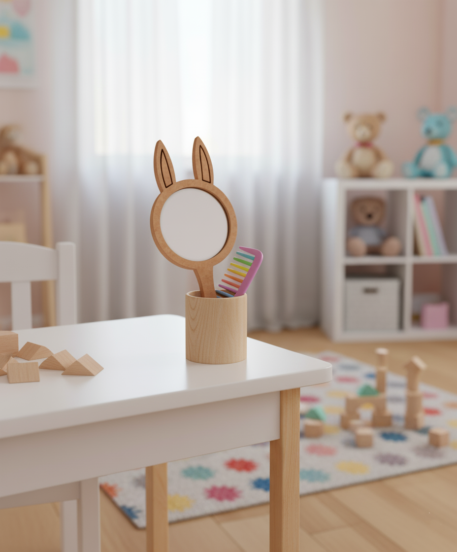 Bunny-ear shaped MDF mirror kept in a wooden holder on a kids’ table