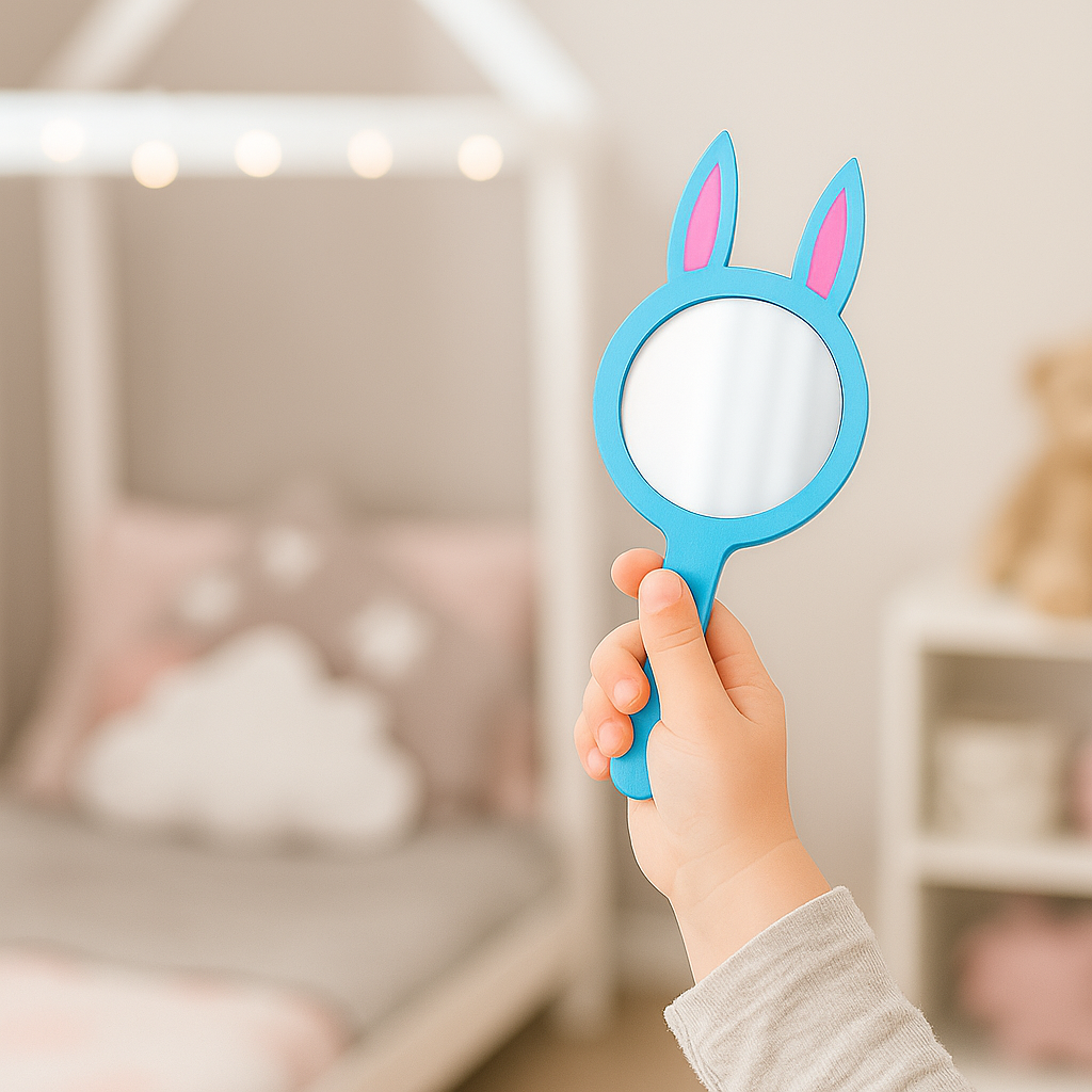 Hand holding a blue bunny-ear shaped MDF mirror in a cozy kids’ bedroom