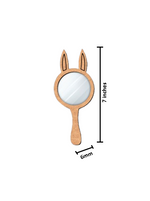 Hand mirror with bunny ears and dimensions on a white background