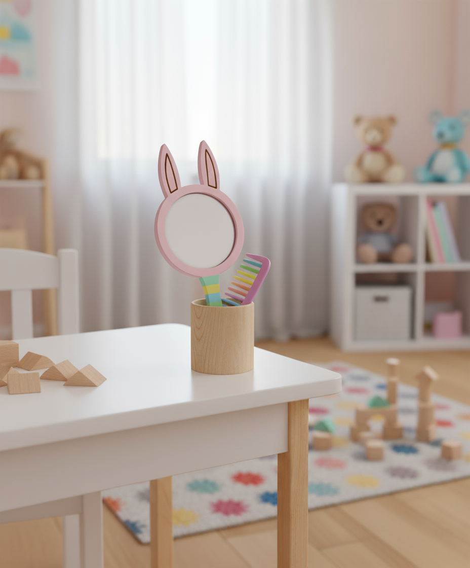 Pink bunny-ear shaped MDF mirror placed in a holder on a white kids’ study table