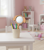 Dog-ear shaped MDF mirror placed in a pencil holder on a kids’ study table