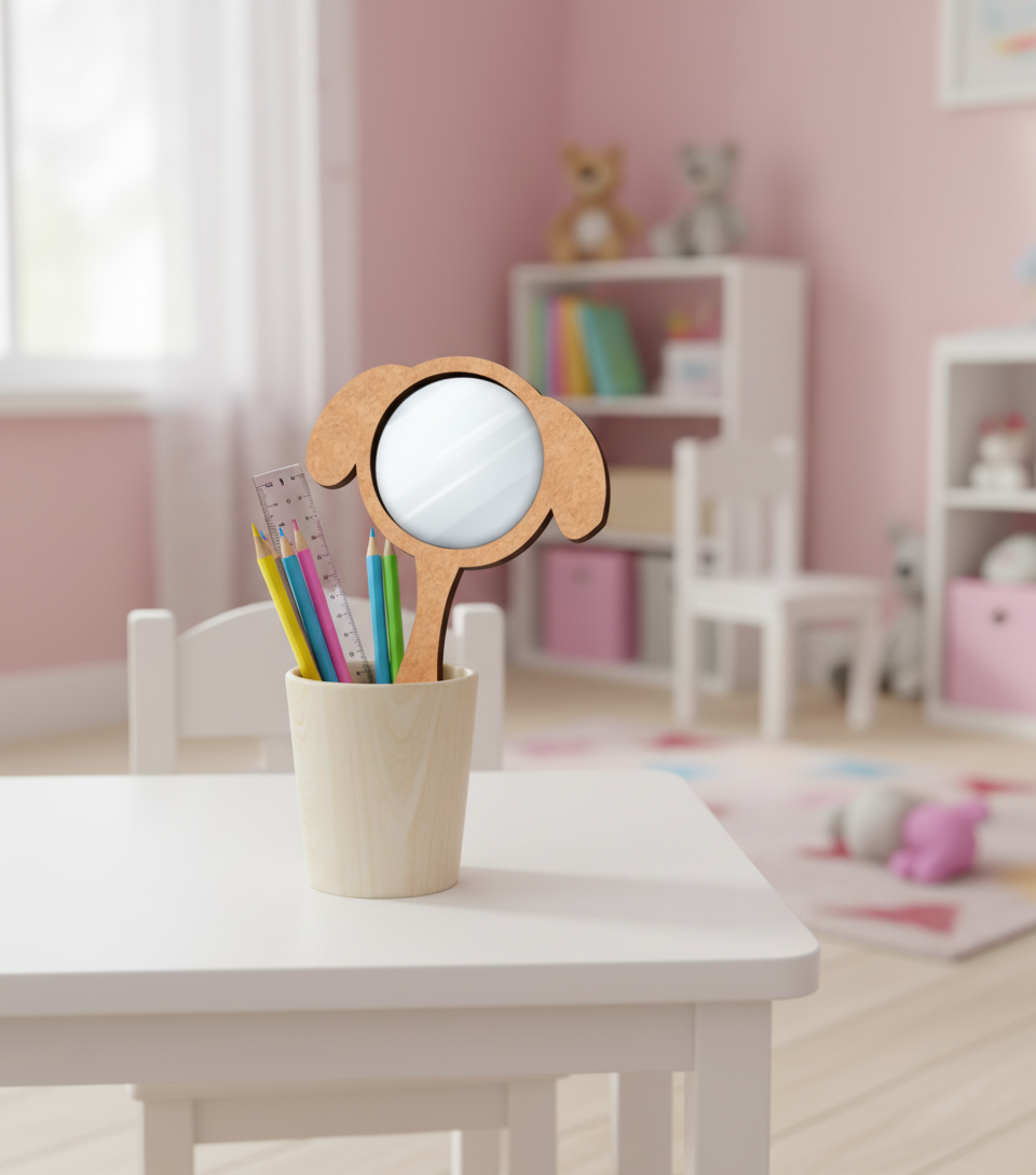 Dog-ear shaped MDF mirror placed in a pencil holder on a kids’ study table