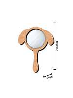 Dog-shaped hand mirror with measurements on a white background