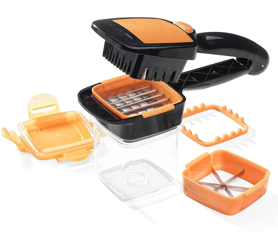 Multifunctional kitchen fruit chopper with orange and black components on a white background