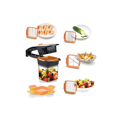 Multifunctional kitchen tool with various attachments on a white background