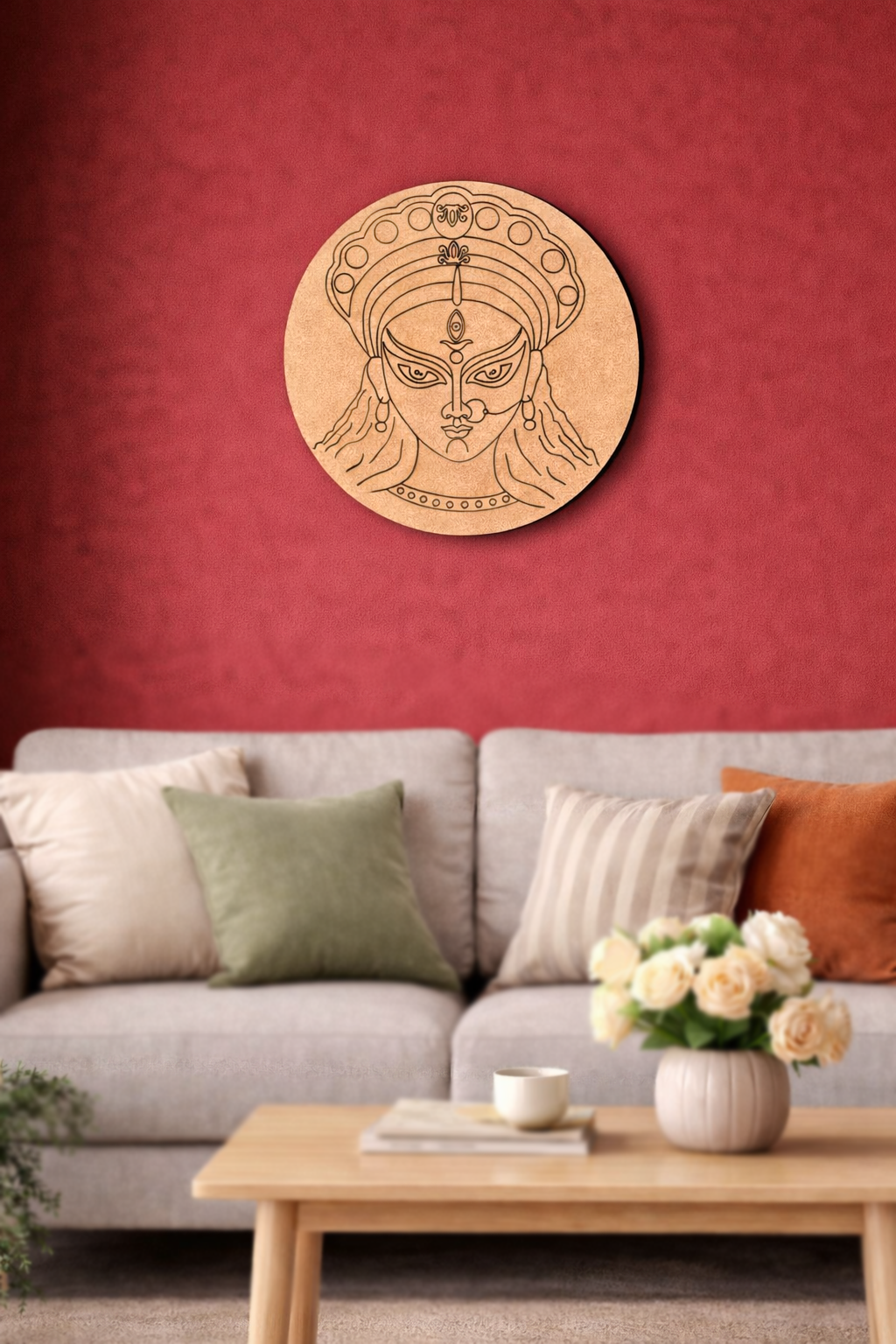 Decorative  DIY MDF Durga  wall art on a red wall above a gray sofa with colorful cushions.
