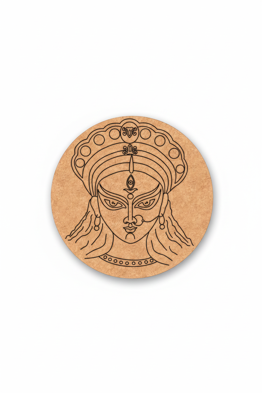 Circular  DIY MDF Durga wall art  with engraved face design on a white background