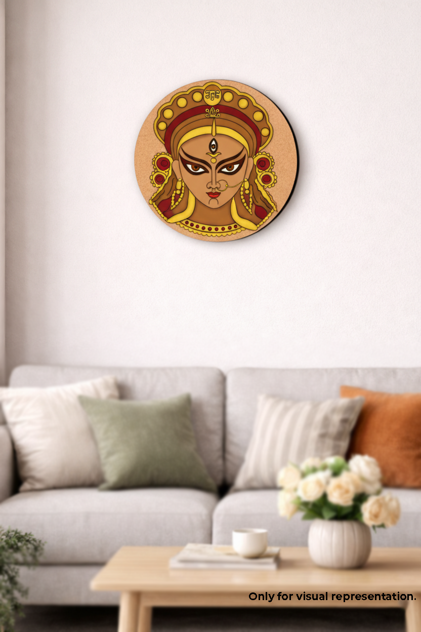 Decorative DIY MDF Durga wall art of a face design on a white wall above a sofa with cushions.