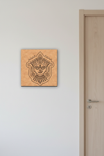 Wooden MDF DIY wall art with a face design on a light gray wall next to a door.