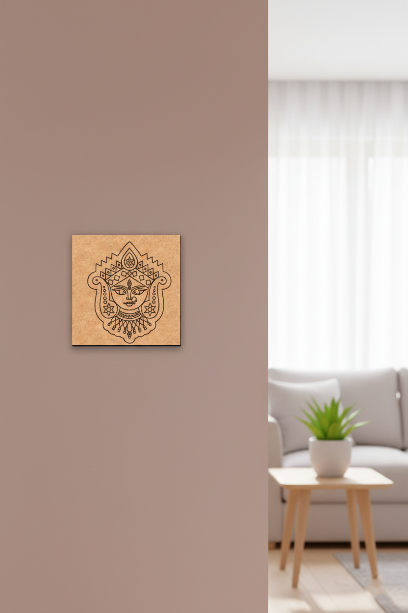 Decorative MDF DIY wall art on a beige wall with a living room in the background