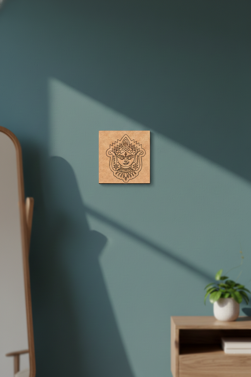 Wooden MDF DIY wall art with a face design on a teal wall, with a plant and chair in the foreground.
